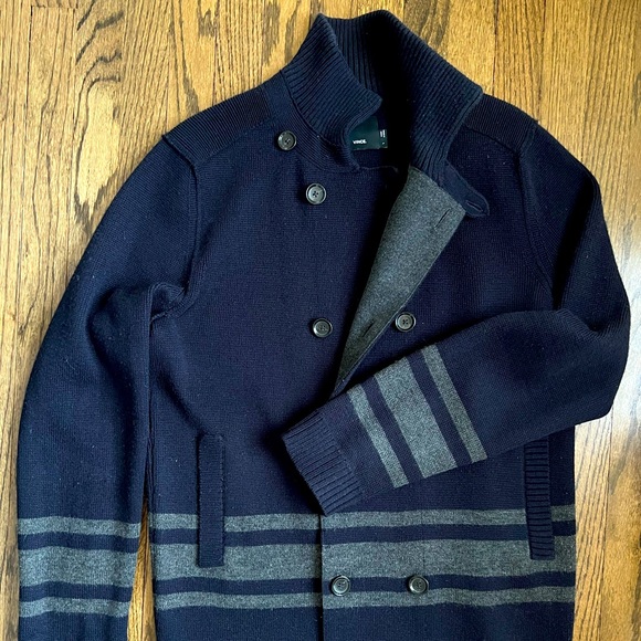 Vince Double Breasted Navy Blue Sweater Jacket with Grey Stripes - Picture 1 of 11